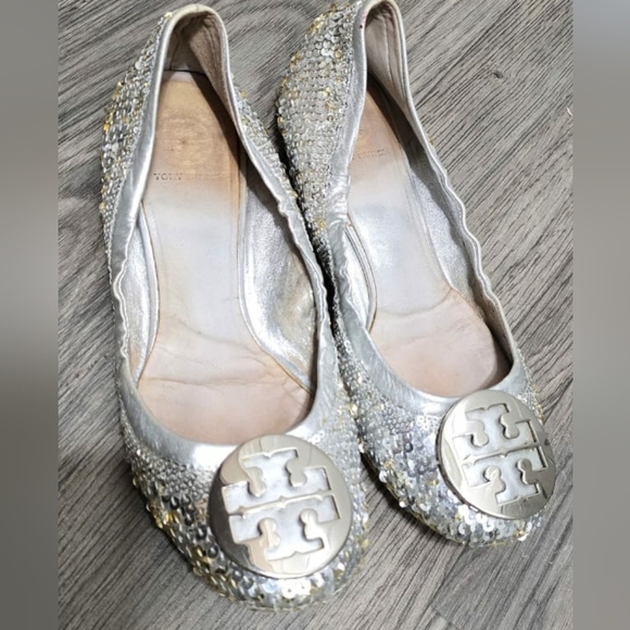 Tory Burch Reva Silver Sequins/Glitter Ballet Flats Shoes Size 8.5🌴 - Picture 6 of 11